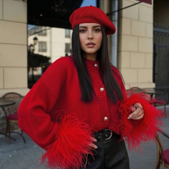 Red Casual Festive Women's fluffy faux fur sleeve cuffs Cardigan Top - Picture 10 of 11